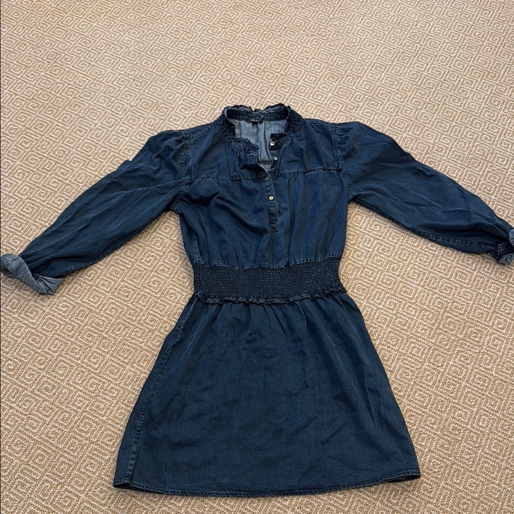 Dark Blue Denim Smocked Waist Long Sleeve Dress